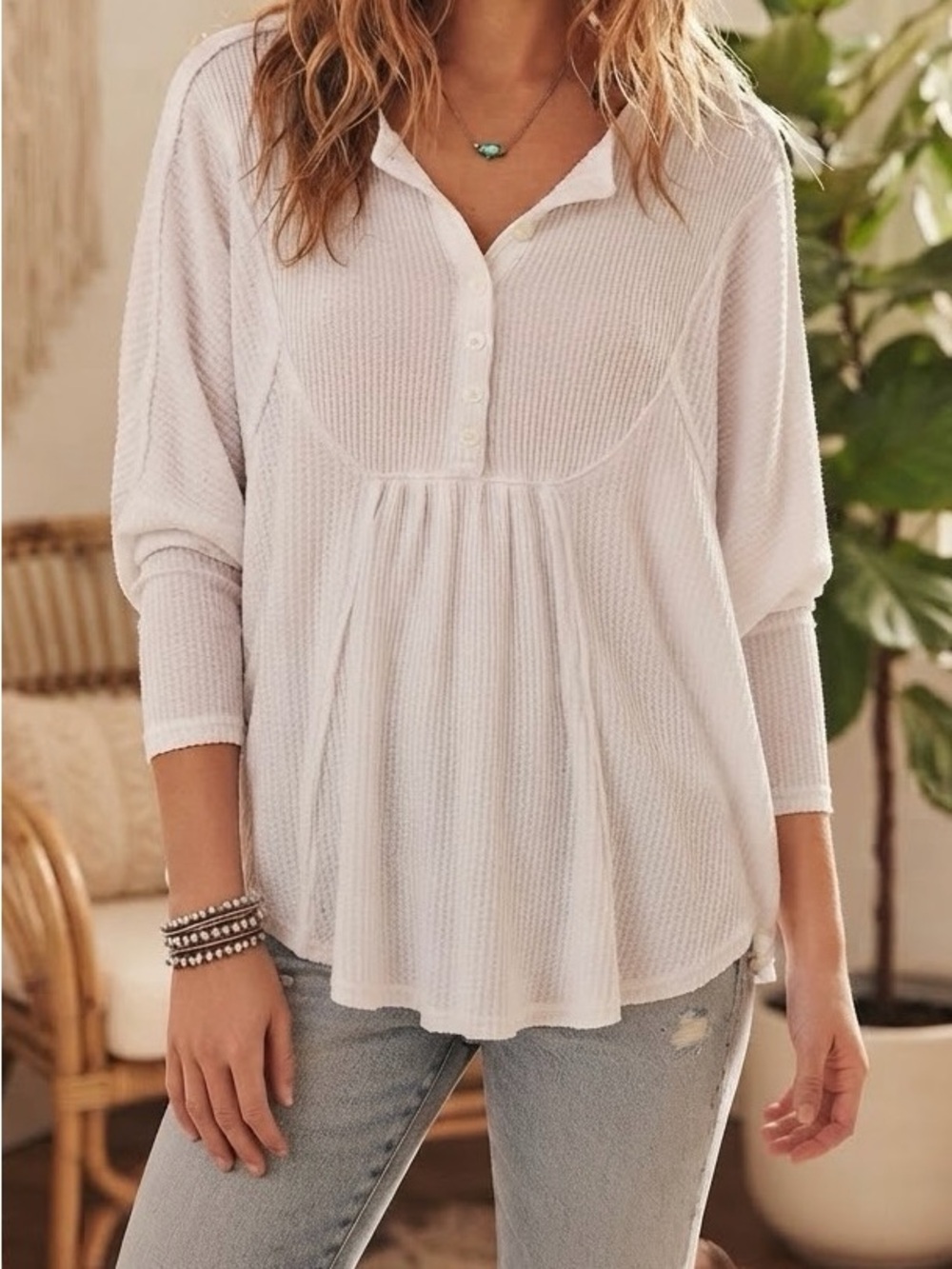 Free People Leo Henley Waffle-Knit Button Front Top in White- Size Small NWOT